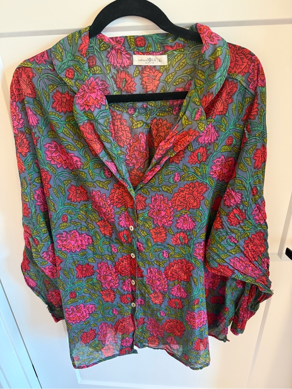 Natural Life Floral Button Down Blouse XL Pink Green Boho Roll Tab Shirt